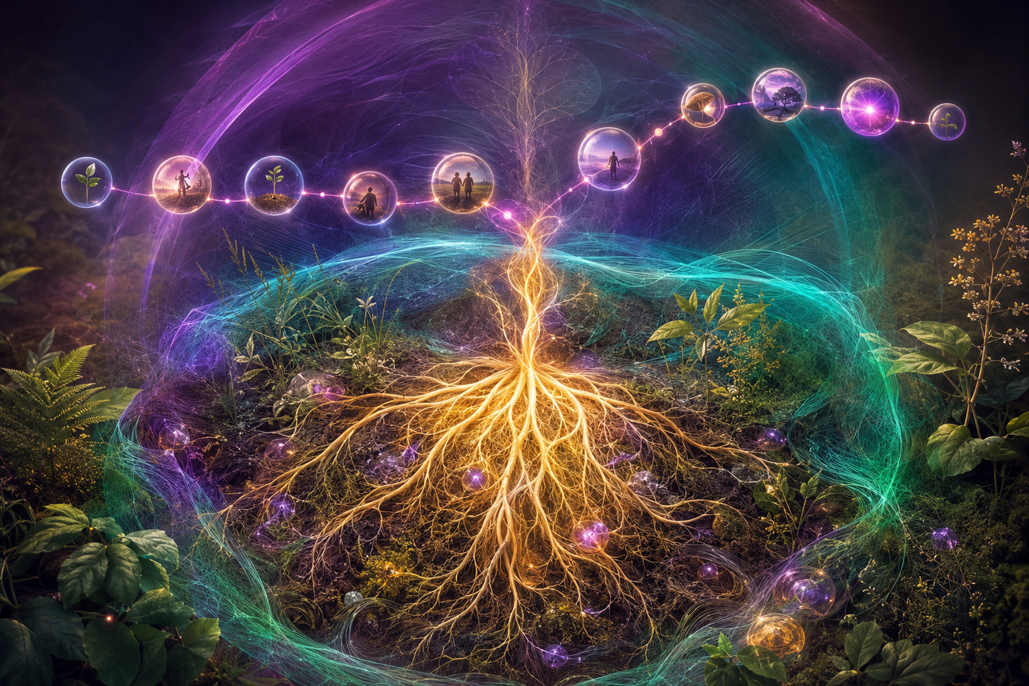 Luminous botanical roots tracing emotional history, lived events, and whole-person patterns in Bioattunement wellness work