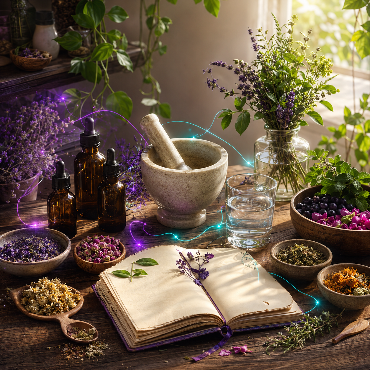 Herbal apothecary with plants, tinctures, water, and a journal representing gentle lifestyle and remedy integration