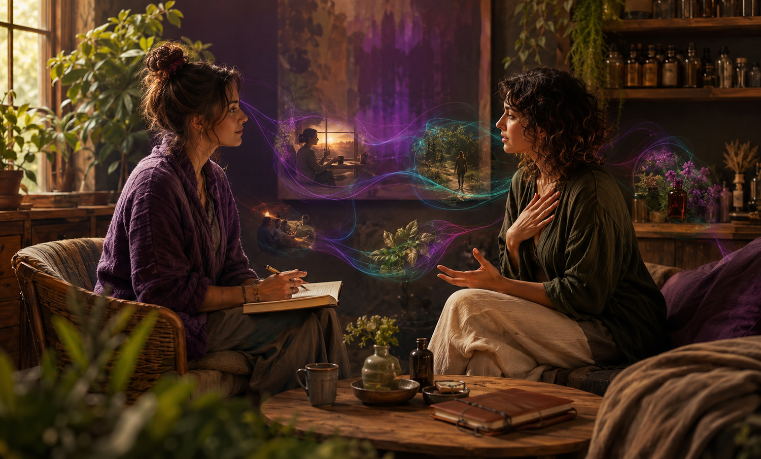 A collaborative Alchemystic Healing conversation with botanical surroundings and subtle threads connecting emotion, memory, lifestyle, and support