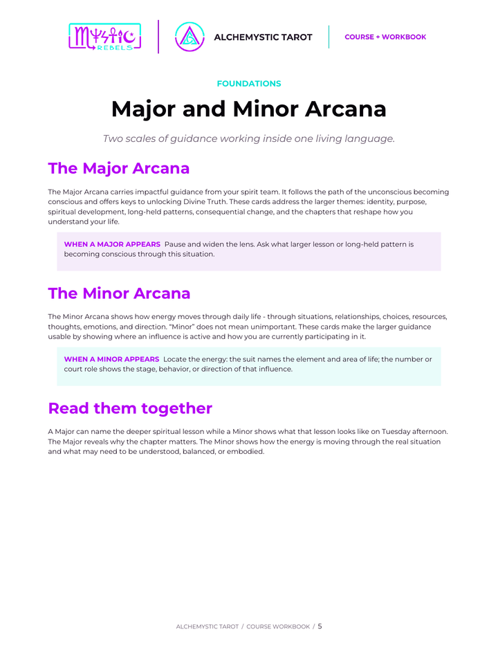 Alchemystic Tarot course preview explaining Major and Minor Arcana