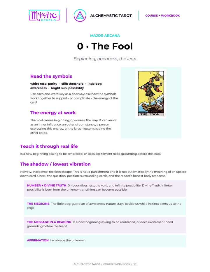 Alchemystic Tarot course preview teaching The Fool through symbols and real life