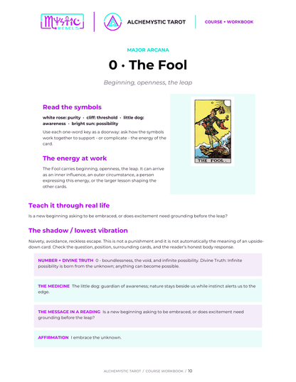 Alchemystic Tarot course preview teaching The Fool through symbols and real life