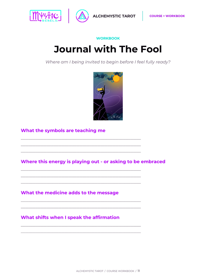 Alchemystic Tarot course preview showing the guided card journal