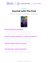 Alchemystic Tarot course preview showing the guided card journal for The Fool
