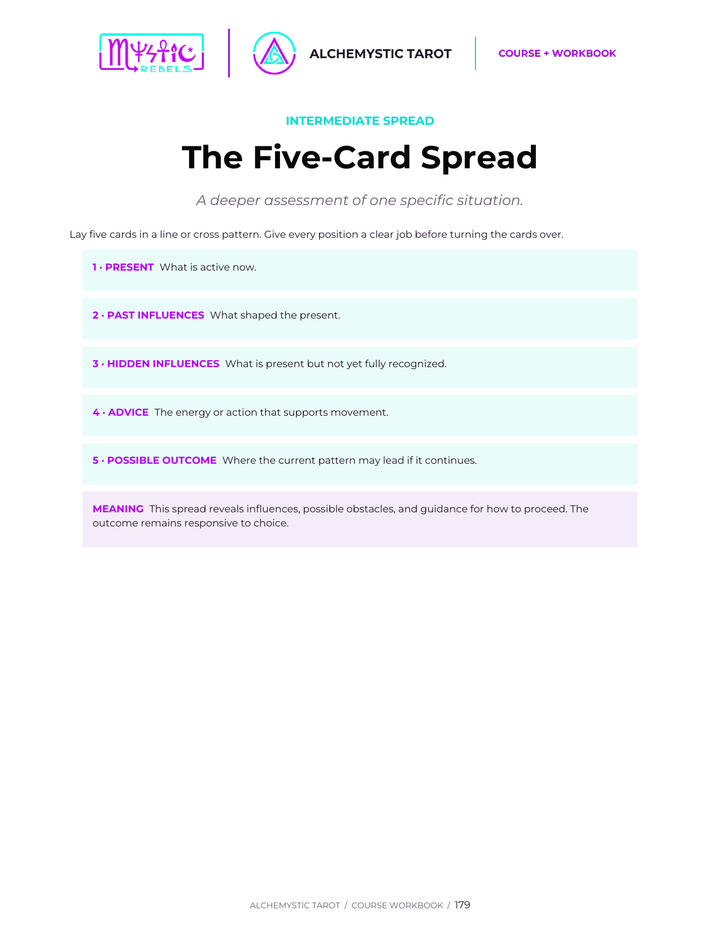 Alchemystic Tarot course preview showing the intermediate five-card spread
