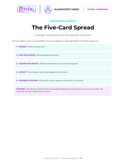 Alchemystic Tarot course preview showing the intermediate five-card spread